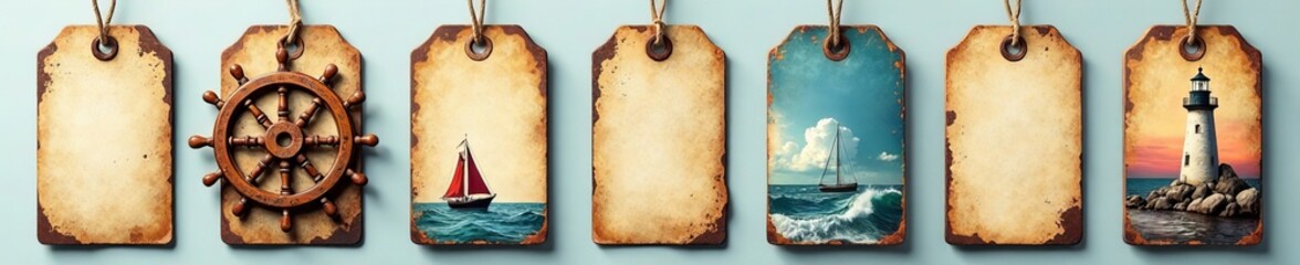 Obraz premium Set of old-fashioned sea-themed tags with ship wheel and lighthouse, navy, ocean