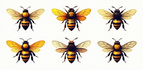Set of stylized honey bee symbols with vibrant colors and intricate designs, illustration, decorative