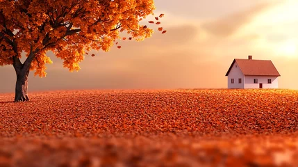 Gardinen Tranquil autumn landscape featuring a solitary house amidst a sea of orange leaves © ZRO