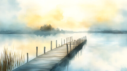 Fototapeta premium A wooden pier is in the water with a bridge leading to it