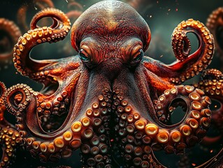 Obraz premium Stylish huge octopus in the theme and style of cyberpunk and steampunk. A blend of nature and technology, concept.