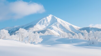 Fototapeta premium Snowy mountain peak, frosted trees, winter wonderland, serene landscape, beautiful scenery