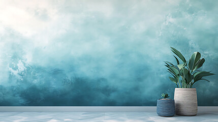 A wall with a blue and white color scheme and a plant in a white basket