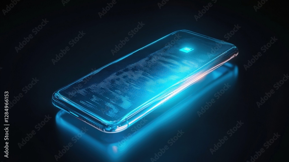 Poster futuristic mobile phone is showing encrypting data flow and a padlock icon on dark background, repre