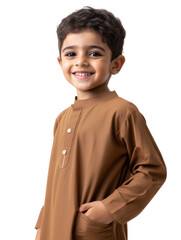 Portrait of a young smiling boy with brown hair and traditional brown attire with white stitching and pocket. Isolated on transparent background