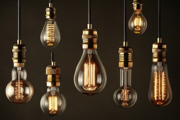 Unique hanging light bulbs with vintage designs illuminated against a dark background