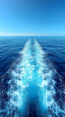 Deep Blue Ocean Water Wake from Moving Boat Under Bright Sky Maritime Scene
