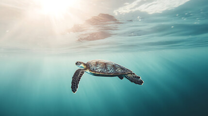 Obraz premium A turtle swimming in the ocean with the sun shining on it