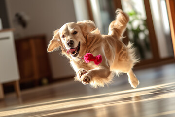 Golden Retriever dog pet animal running playful happy indoor canine adorable friendly energetic