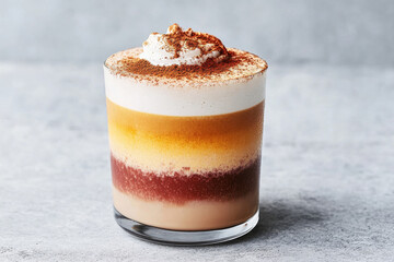 A glass of dessert with a white foam on top