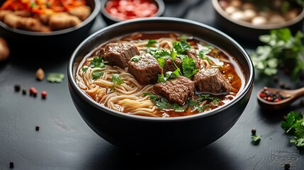 Beef noodle soup, Asian cuisine, dark background, food photography, recipe