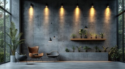 Modern Interior with Concrete Walls Three Armchairs and Various Potted Plants under Bright Spotlights in a Room with Large Glass Windows