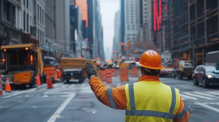 Construction Worker Directing Traffic in NYC