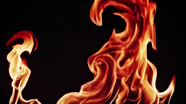 Close-up video of vibrant flames against a dark background, captured from a low angle, emphasizing dynamic movement and intense colors.