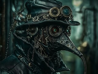 Fototapeta premium Stylish Plague doctor in mask and hat in the theme and style of cyberpunk and steampunk.