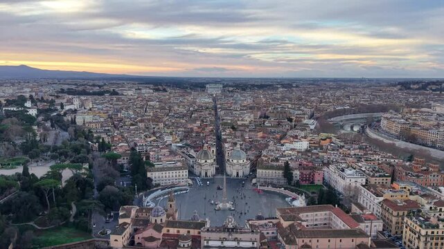 4k Aerial view of Piazza del Popolo in Rome, Italy. Aerial view of the historic center of Rome at sunrise
