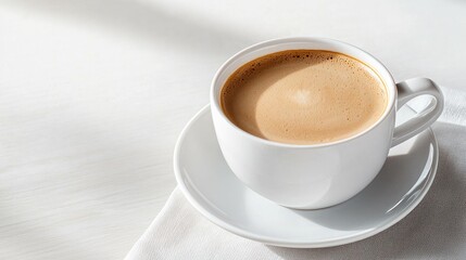 Fototapeta premium White Coffee Cup on White Table with Sunlight