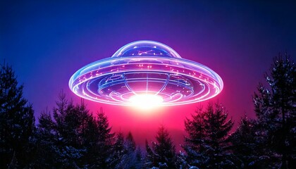 Abstract, high-resolution 3D glass UFO with Christmas lights hovering over a pine tree forest-like