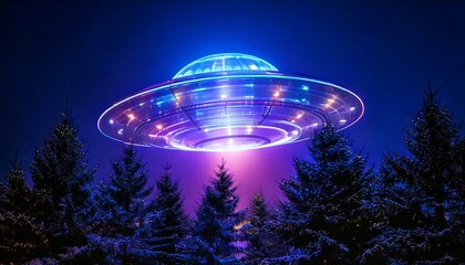Abstract, high-resolution 3D glass UFO with Christmas lights hovering over a pine tree forest-like