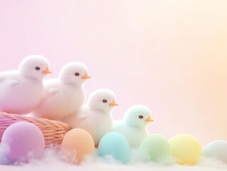 Adorable pastel-colored chicks with Easter eggs create a delightful spring scene filled with joy and celebration.
