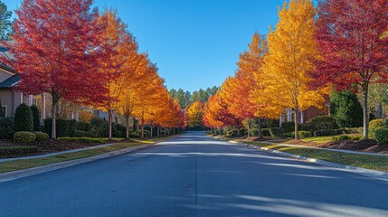Obraz premium Autumn street, vibrant trees, suburban homes, sunny day
