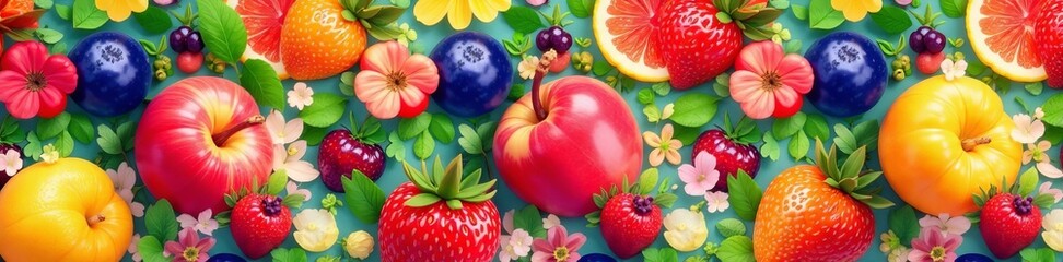 Fototapeta premium Seamless design of fruits and flowers in a harmonious blend, pattern, design