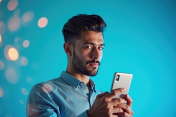 Handsome young man with beard and blue shirt using smartphone texting or browsing, technology concept for social media, communication or business, blue bokeh background bright modern studio light