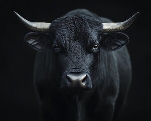Naklejka premium Black bull portrait, dark background