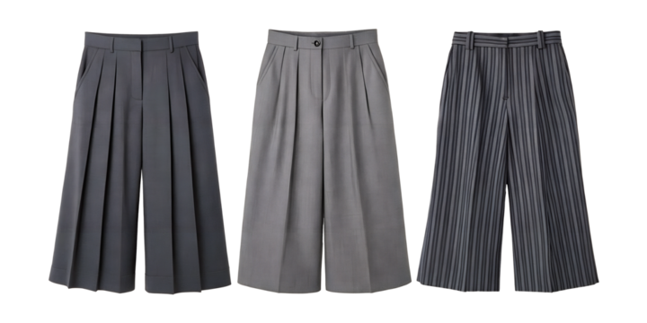 Three Different Style Women's Gray Pinstripe Wide-Leg Pants on Transparent Background, PNG Transparent