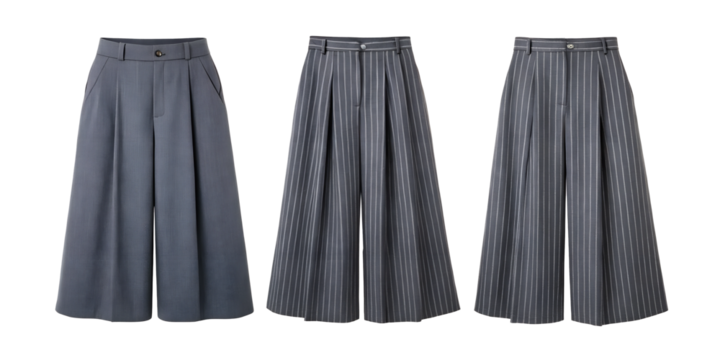 Three Different Style Women's Gray Pinstripe Wide-Leg Pants on Transparent Background for Fashion, PNG Transparent