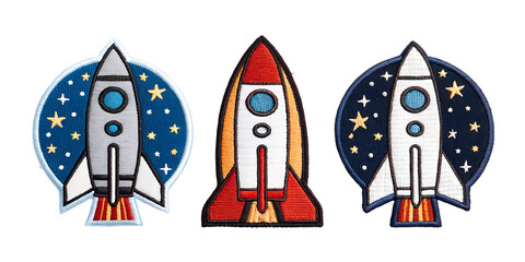 Three Varieties of Rocket Embroidered Patch Badges on Transparent Background, PNG Transparent