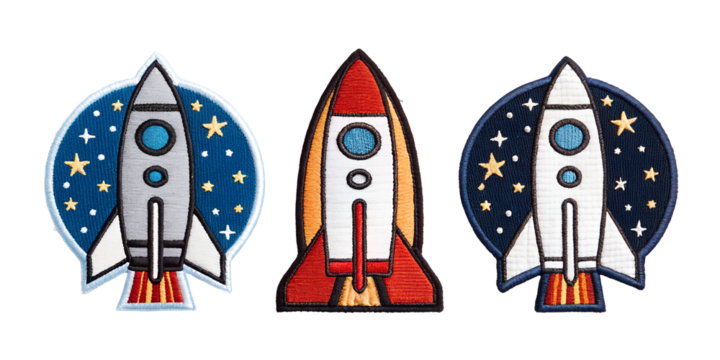 Three Varieties of Rocket Embroidered Patch Badges on Transparent Background, PNG Transparent