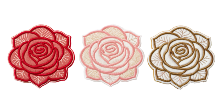 Three Different Style Embroidered Rose Patch Stickers on Transparent Background, PNG Transparent