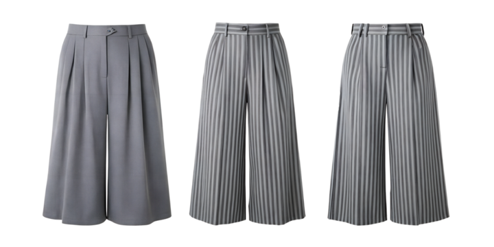 Three Varieties of Women's Gray Pinstripe Wide-Leg Pants on Transparent Background, PNG Transparent