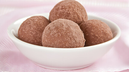 Chocolate truffles in bowl, pink fabric background, sweet treat, dessert recipe
