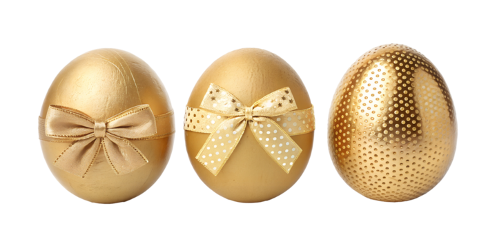 Three Varieties of Golden Egg with Bow on Transparent Background, PNG Transparent