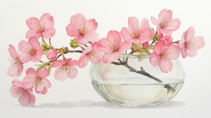 A delicate branch of pink cherry blossoms in a clear glass vase, symbolizing beauty and nature.