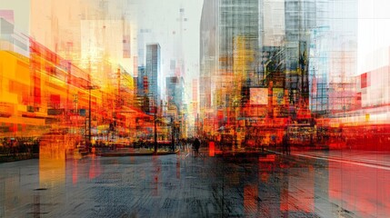 Fototapeta premium Impressionistic urban cityscape showcases towering buildings and abstract reflections