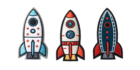 Three Varieties of Rocket Embroidered Patch Badges on Transparent Background, PNG Transparent
