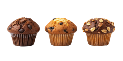 Three Varieties of Muffins with Nuts on Transparent Background, PNG Transparent