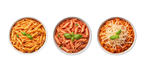 Three Varieties of Penne Alla Vodka Pasta in a Pink Plate on Transparent Background, PNG Transparent