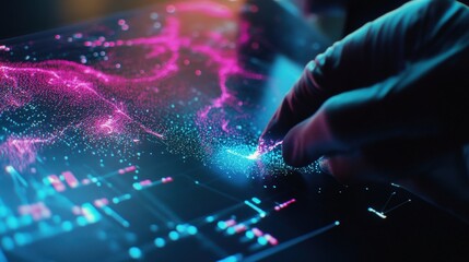 Fototapeta premium Gloved hand interacting with a futuristic touchscreen interface, analyzing vibrant particle clouds representing advanced cybersecurity monitoring and threat detection