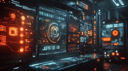 Obraz premium Futuristic control panel displays complex graphics and glowing interfaces