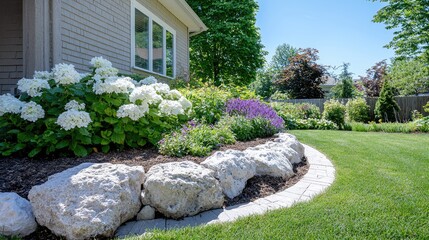 Obraz premium Backyard garden landscaping with flowers and rocks