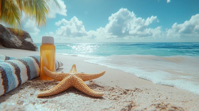Beach sunscreen, starfish, towel, ocean, sun