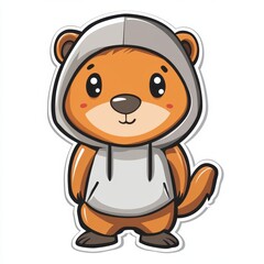 Obraz premium Sticker of a Cute cartoon beaver wearing a colorful hoodie stands with a cheerful expression in a vibrant design