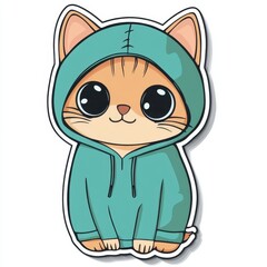 Sticker of a Cute cartoon cat wearing a colorful hoodie stands with a cheerful expression in a vibrant design