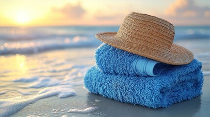 Beach sunset, towels, hat, ocean waves, relaxation