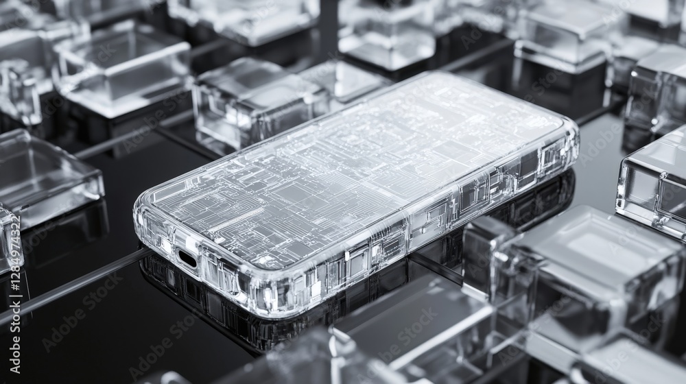 Poster transparent smartphone showcasing internal circuitry rests on a reflective surface, surrounded by gl