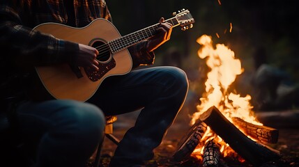 Obraz premium Man Playing Guitar Near Campfire at Night for Relaxing Outdoors